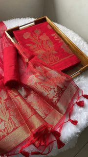 Woven Whispers Red Jamdani Muga Silk Unstitched Suit Set